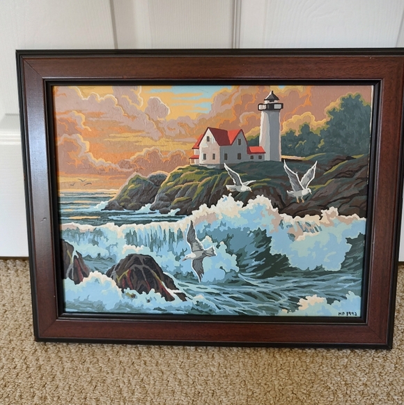 Vintage Paint By Number Framed Seascape Lighthouse Ocean View Painting - Picture 4 of 11